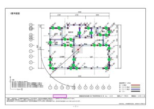⑲-1 屋根の軽量化・有筋コンクリート基礎の新設・壁の補強により耐震性を向上。（耐震評点0.17→1.44）<br />
補強箇所（1階）28ヵ所　※図中 緑の丸