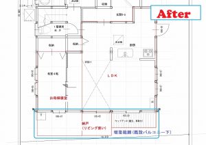 増築や間取り変更のイメージです。<br />
南側（下側）に増築をしました。<br />
建物の強度を保つために新設納戸で耐力壁を確保しています。