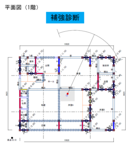 《補強診断平面図 》バランスを考慮し22ヵ所の壁を補強。適切に補強をする事で重心と剛心がほぼ同じになり、壁の配置バランスの良い建物に。