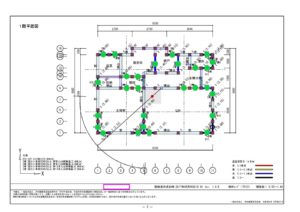 ⑲-1 屋根の軽量化・有筋コンクリート基礎の新設・壁の補強により耐震性を向上。（耐震評点0.17→1.44）<br />
補強箇所（1階）28ヵ所　※図中 緑の丸