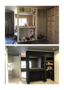 水槽埋込部分の造作中です<br />
横の収納に水槽のメンテナンス用の水道･排水パンを設けました