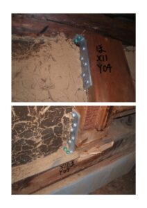 壁を補強した事で補強箇所の柱には大きな引き抜け力かかります<br />
そのため、柱頭・柱脚にそれぞれ柱金物を取り付け柱の引き抜けを防ぎます<br />
金物は引き抜け力に合わせて選定されます <br />
強さに合わせてに「い・ろ・は・・・・」と表記されます<br />
写真は「ほ」に該当する金物です<br />
