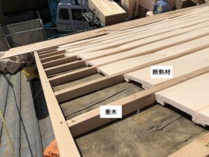 〈屋根工事〉既存の屋根下地の不陸（ふろく・ふりく：平らではなく凹凸があること）を垂木（たるき）を敷き解消。合間には断熱材を施工。